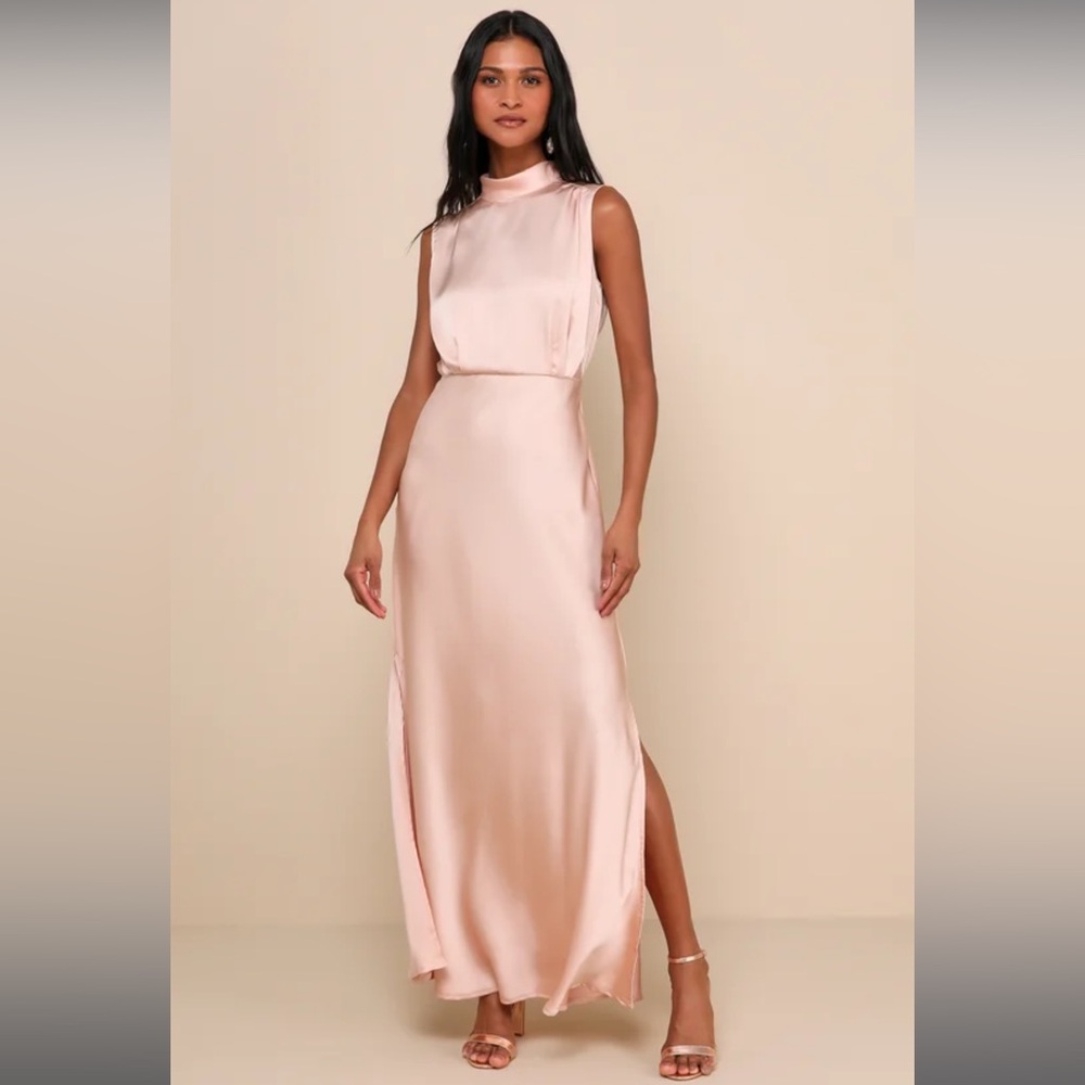 Lulus Classic Elegance Blush Satin Sleeveless Mock Neck Maxi Dress XS